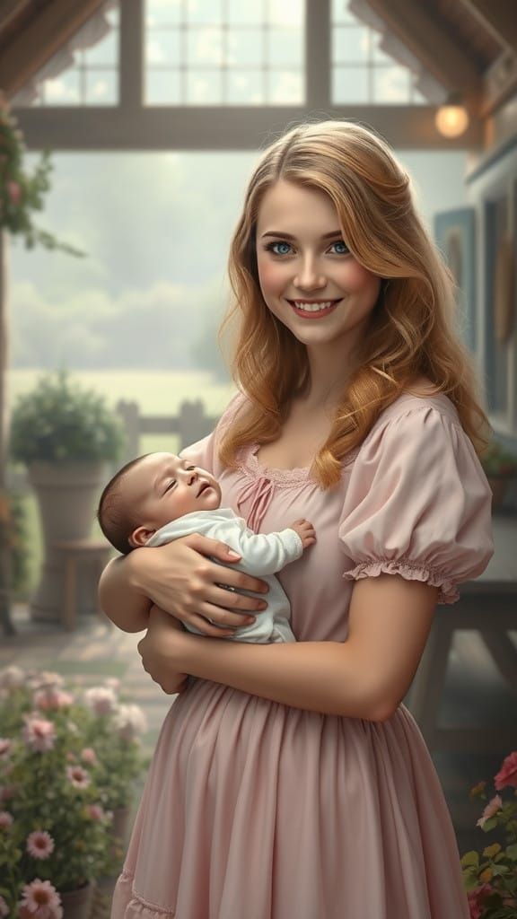 Victorian-Era Farmhouse Fantasy with Mother and Child