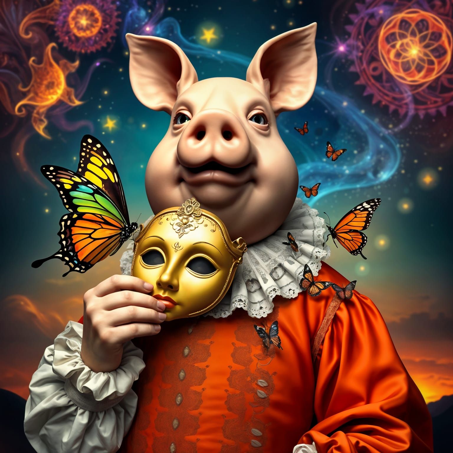 Man with Pig Head and Butterflies, Detailed Digital Art