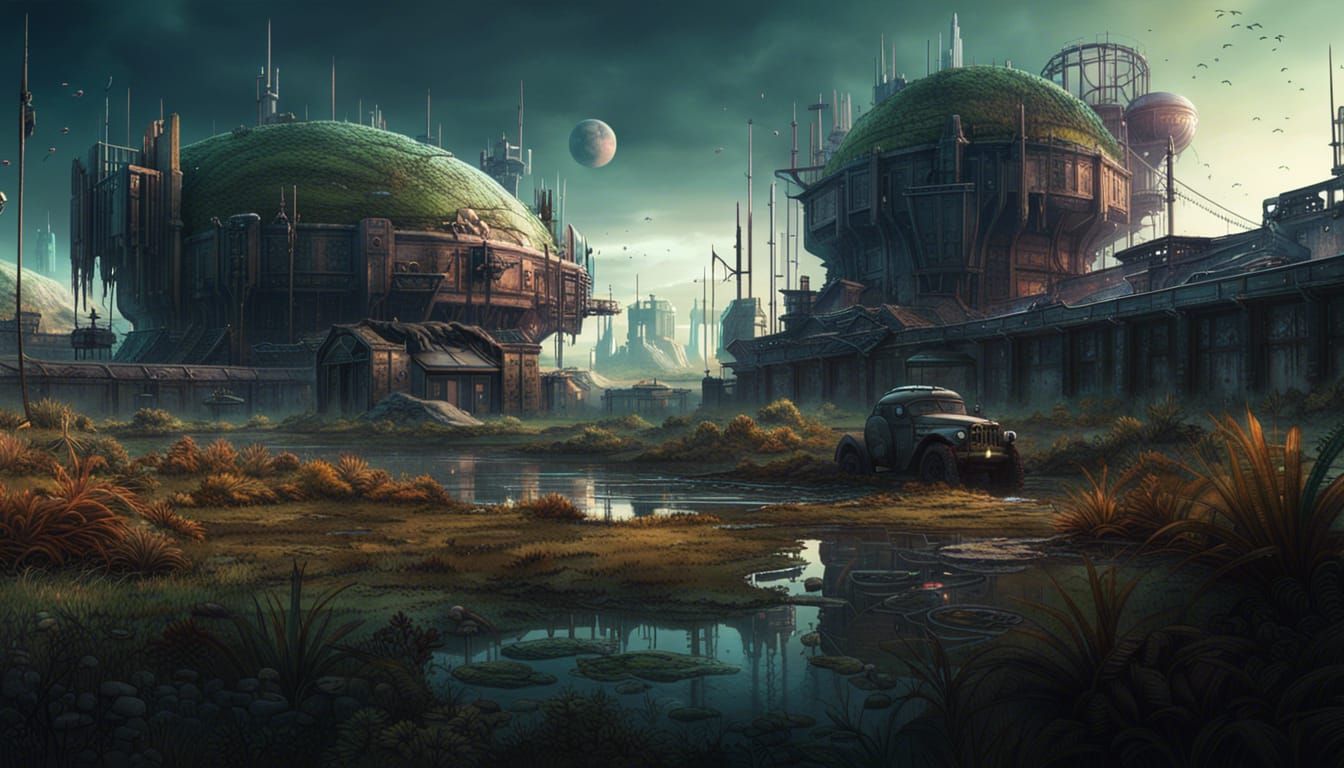 Space Fantasy Military Base on Wetlands Planet