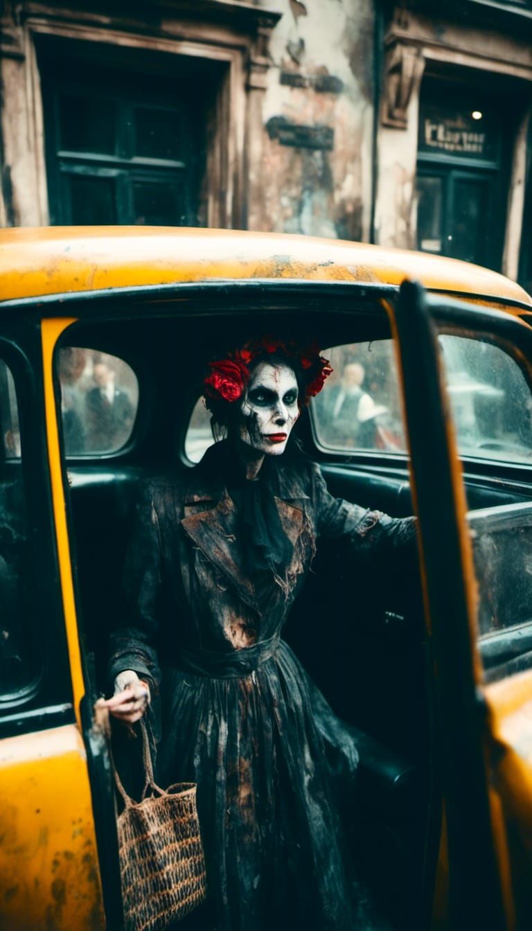 Woman Enters Taxi with Macabre Style