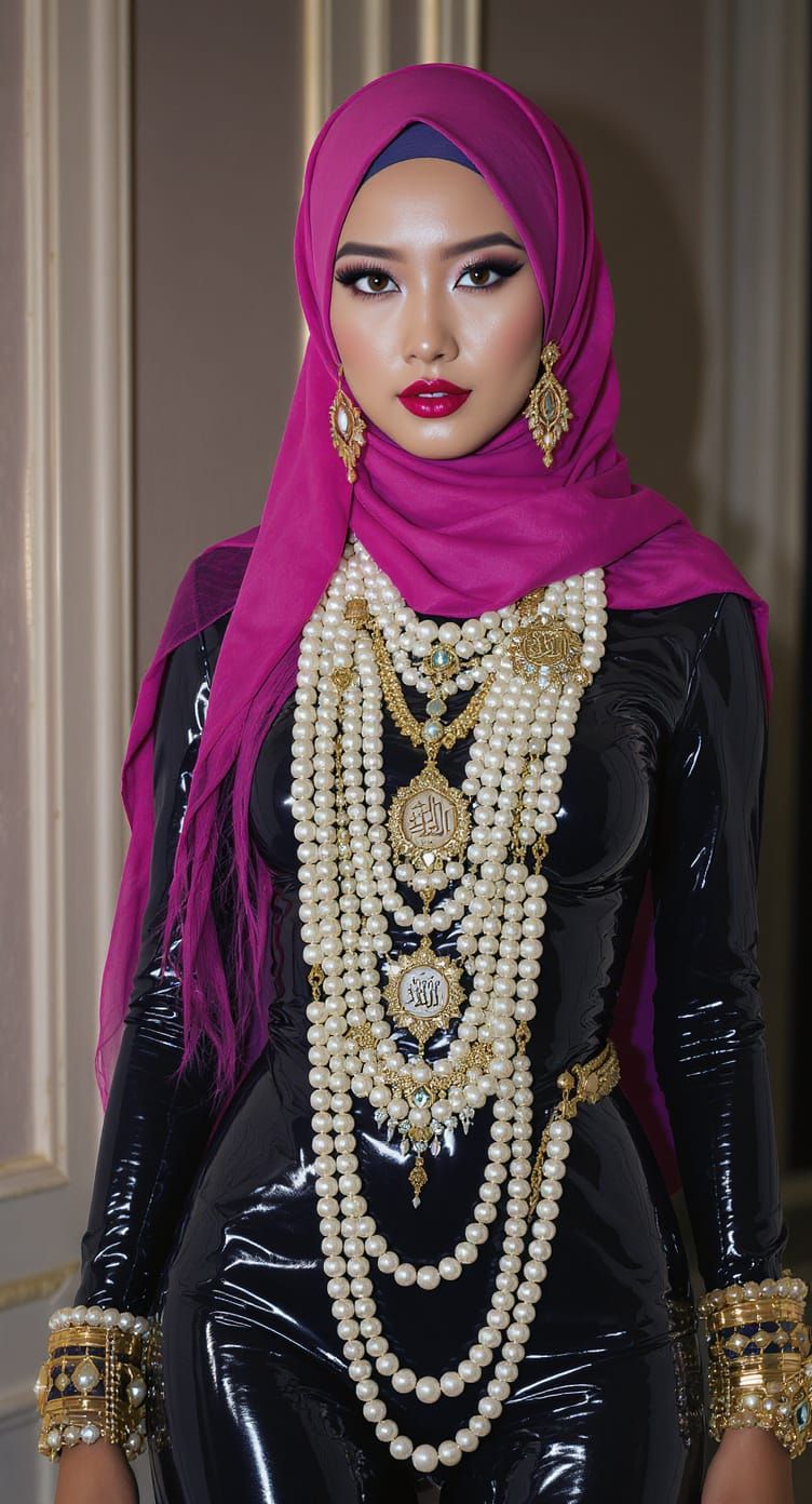 Asian Woman in Latex with Pearl Body Chain and Arabic Jewelr...