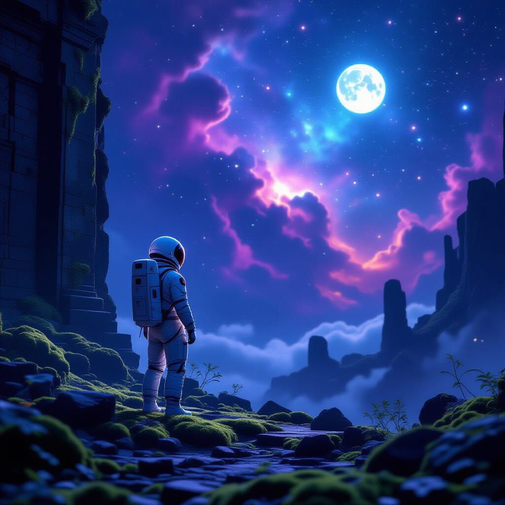 Astronaut Discovers Alien Ruins Under Nebula Sky