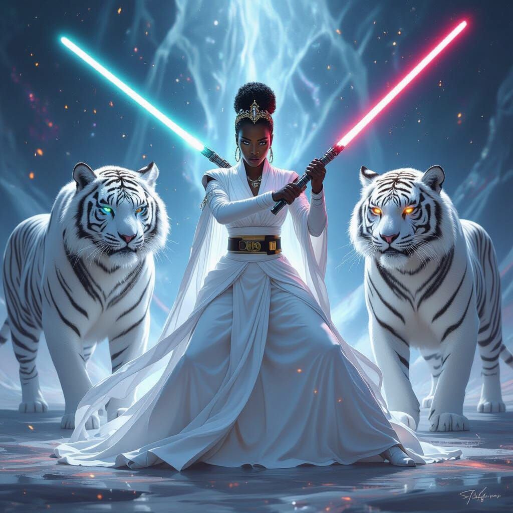 Jedi African Queen Fights With Lightsaber Beside Tiger Guard...