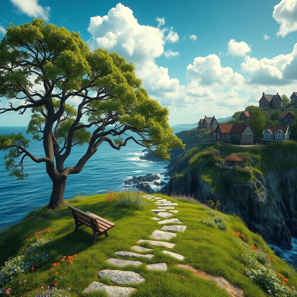 Dreamlike Cliffside Oasis with Quaint Village