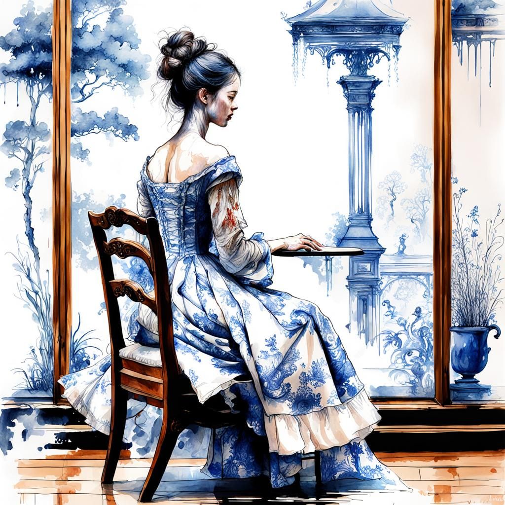 Girl Draws Digital Watercolor with Toile de Jouy Furniture