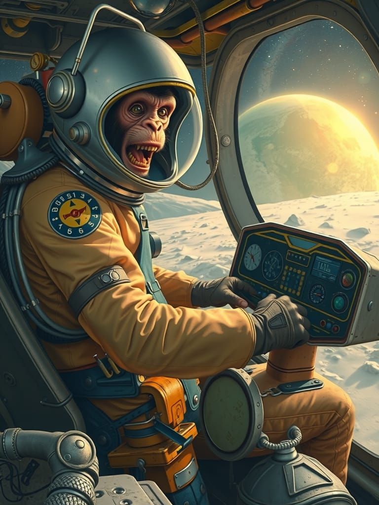 Space Age Monkeys Explore the Moon in Retro-Futuristic Style