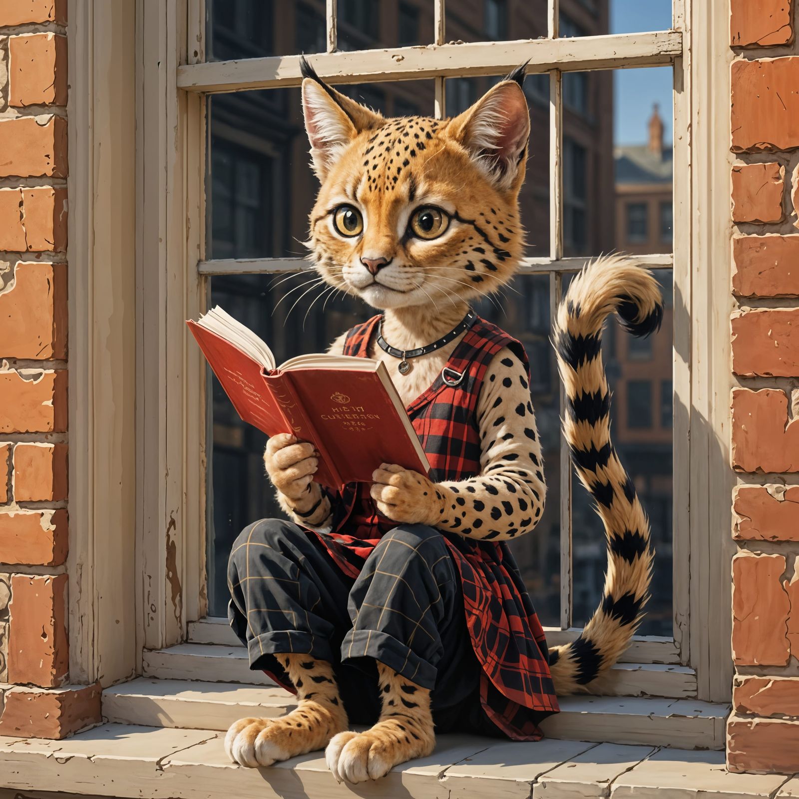 Anthropomorphic Feline Scholar Amidst Rainy Scene