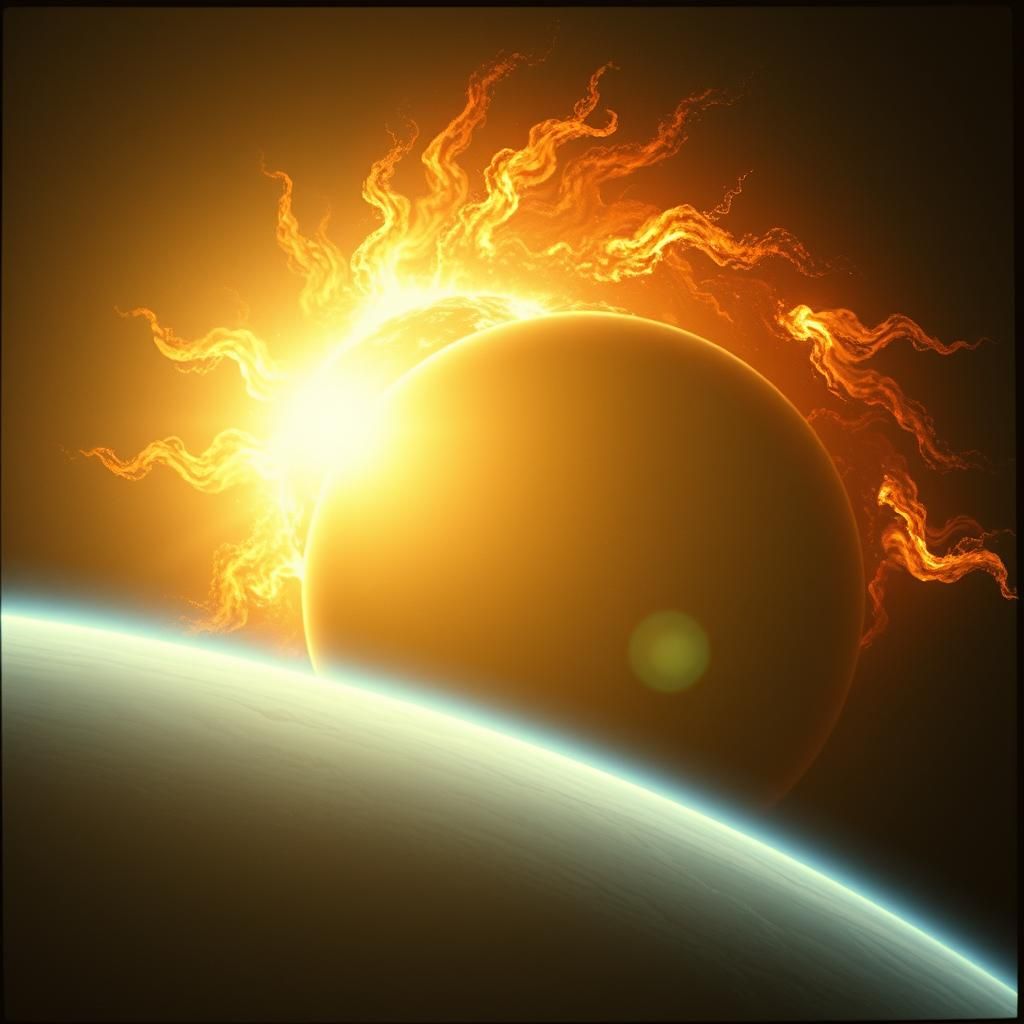 Planet Radiating Ethereal Glow During Sun Implosion