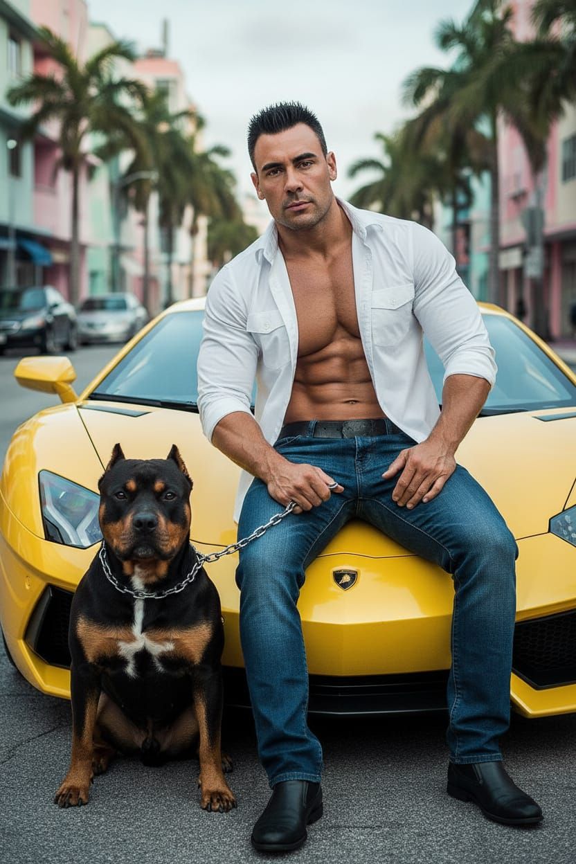 Man with Pitbull on Lamborghini Aventador