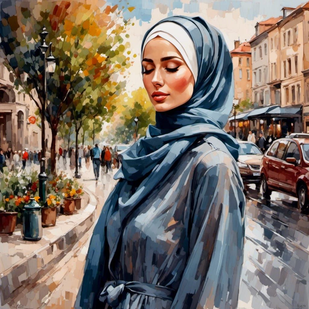 Woman in Hijab Walking in City, Oil-Guache Style