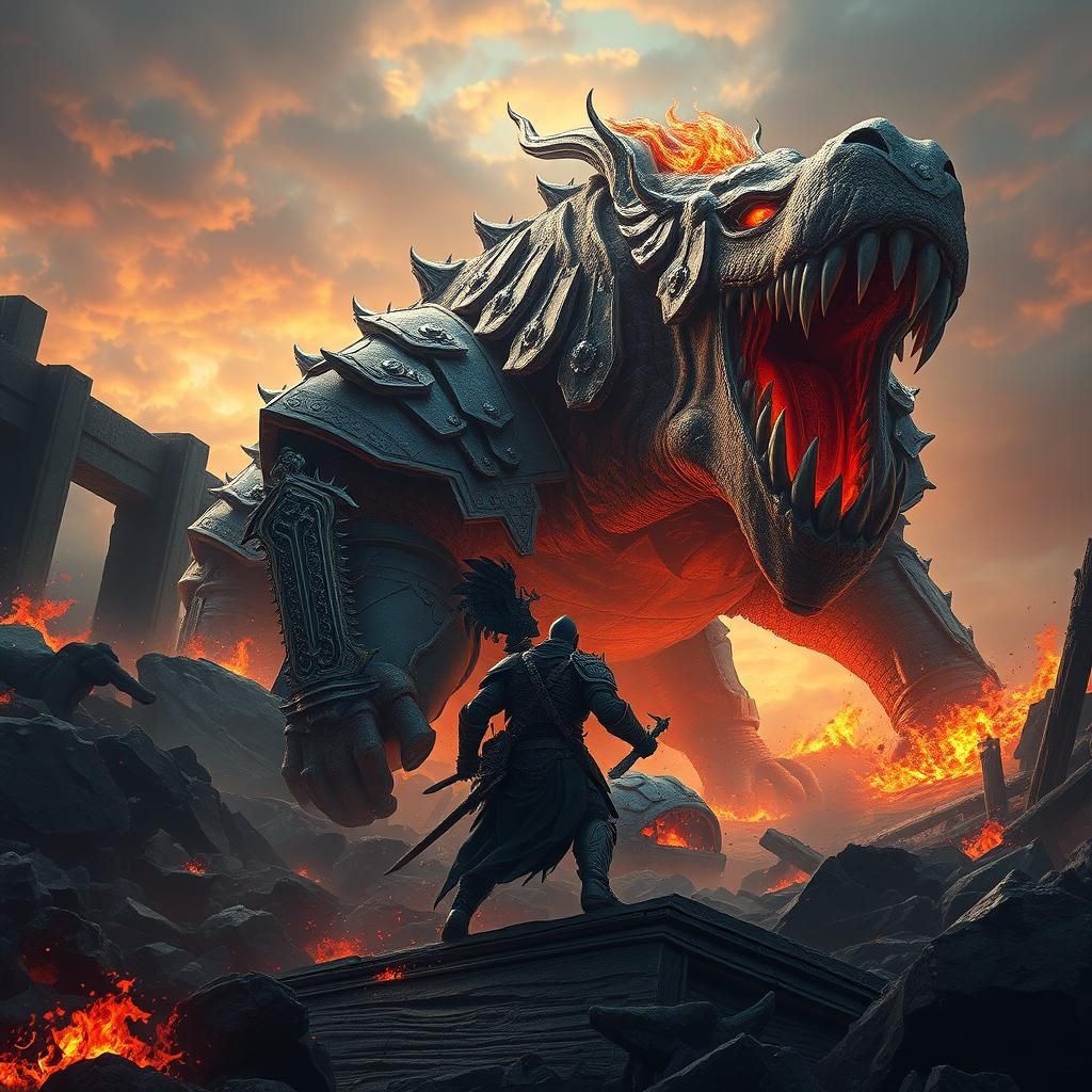 Epic Battle: Armored Warrior Versus Fire-Breathing Beast