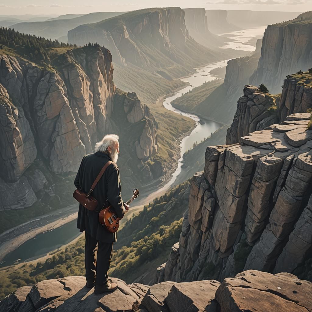 Contemplative Old Man on Cliff with Guitar