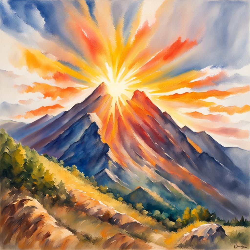 Blazing Sun Over Mountain in Gouache Style