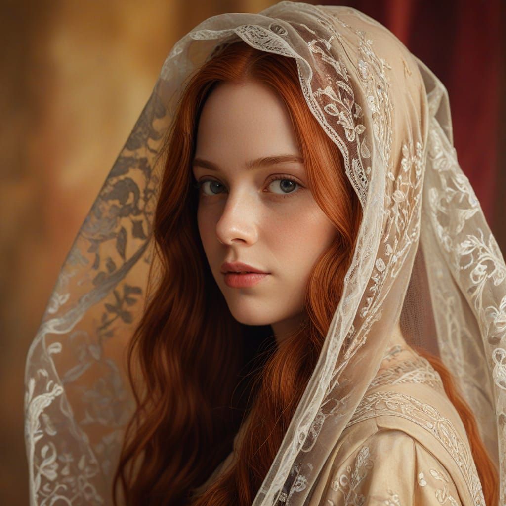 Elegant Renaissance Lady in Long Dress and Veil