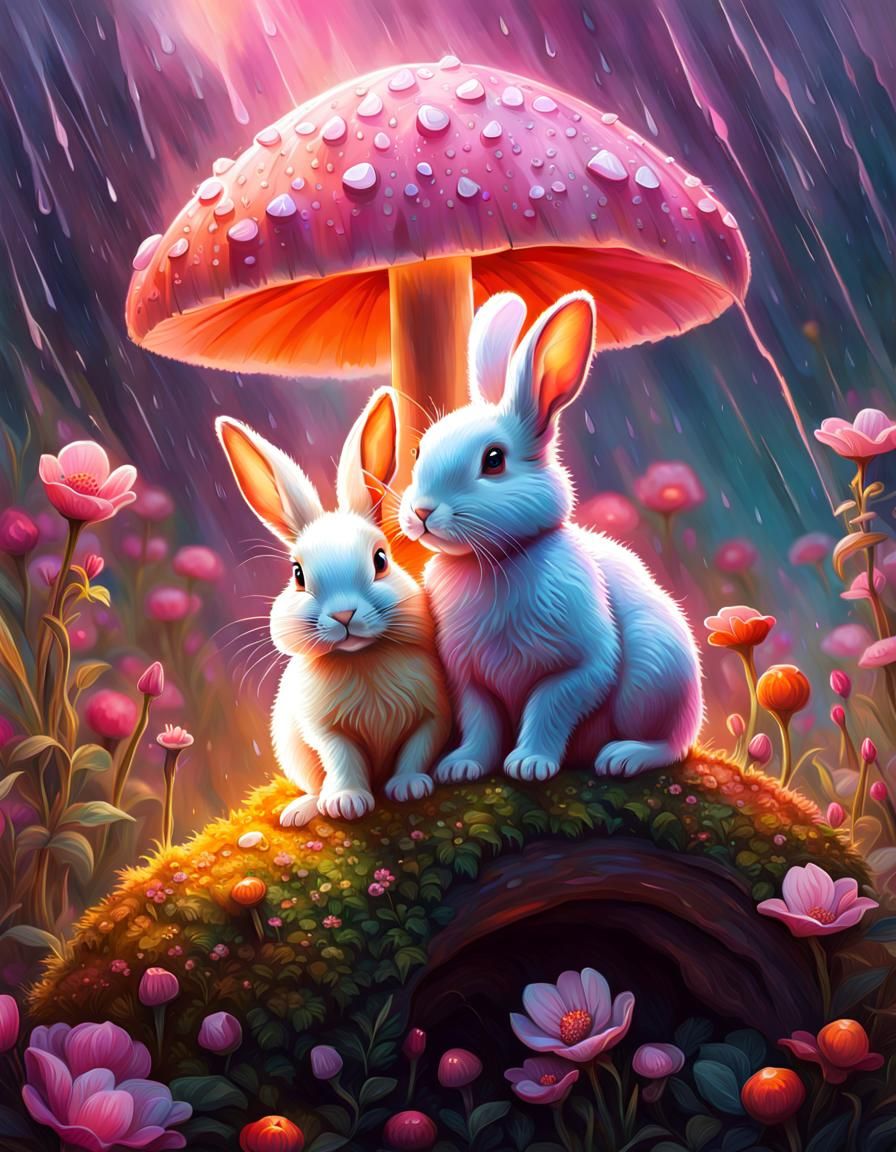 Bunnies Seek Shelter in a Rainy Pastel Dreamscape