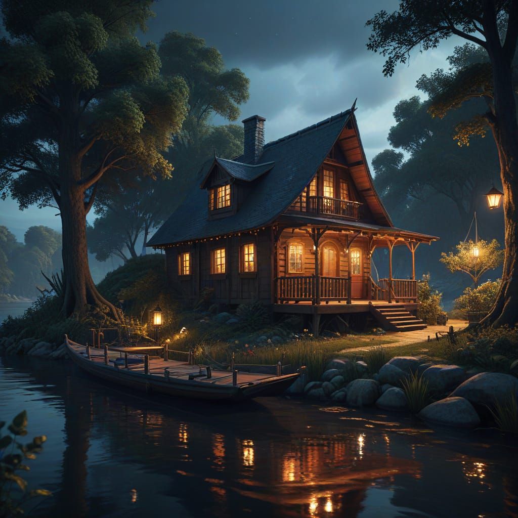 Fantasy Cabin on Riverbank with Sailboat, Detailed Matte Pai...