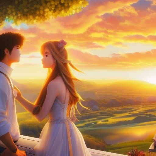 Romantic Anime Couple Overlooking Golden Countryside