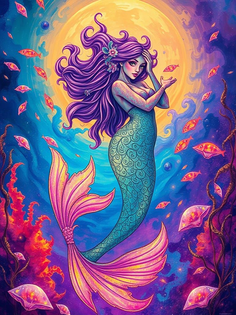 Surreal Mermaid in Neon Paradise with Fractal Patterns