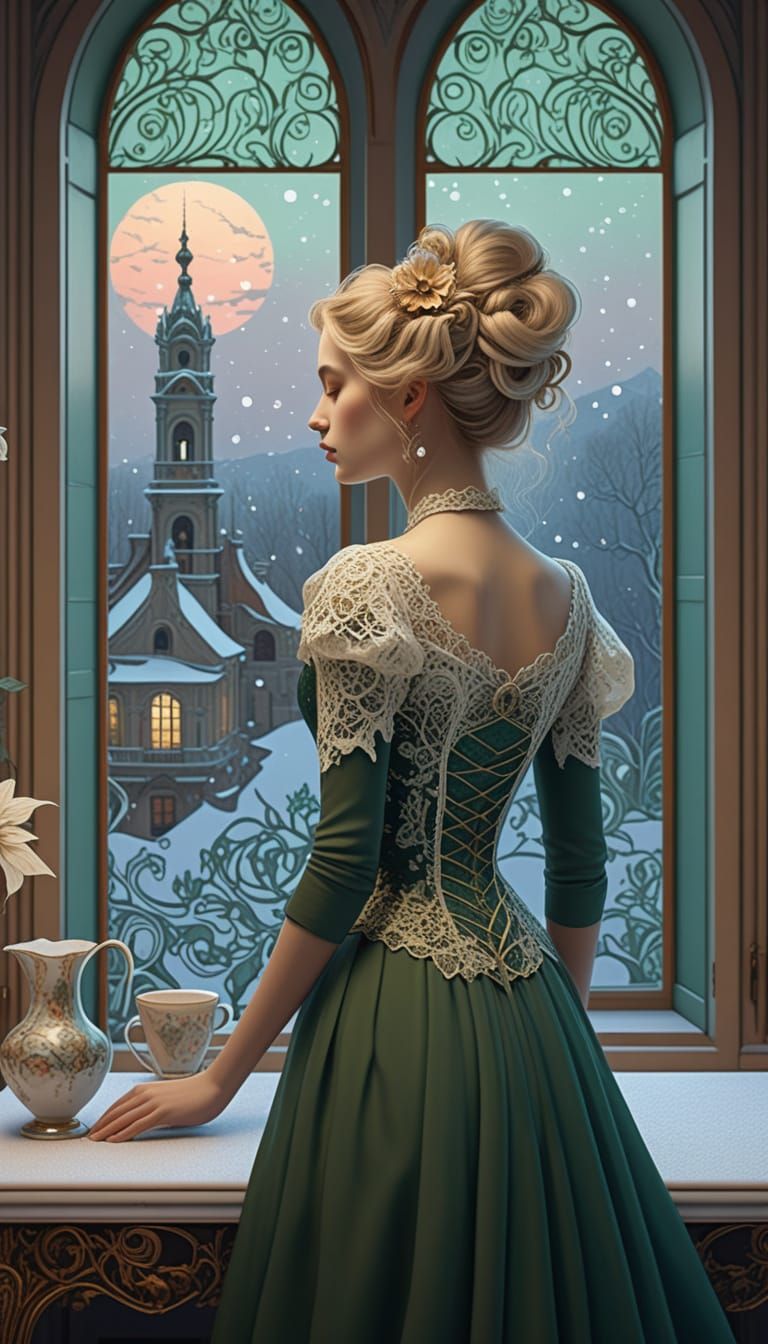 Victorian Lady Gazing at Snowfall in Baroque Style