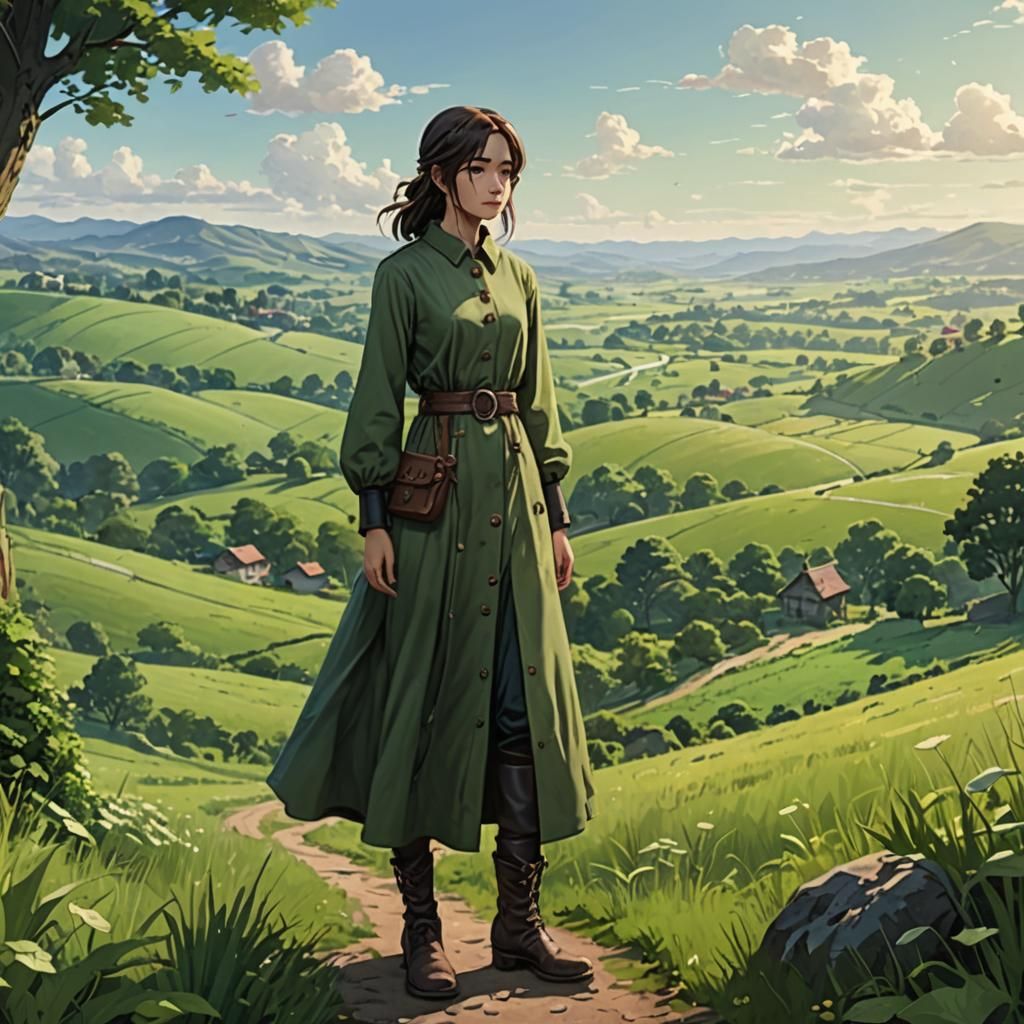 Peaceful Green Landscape with Figure in Dress