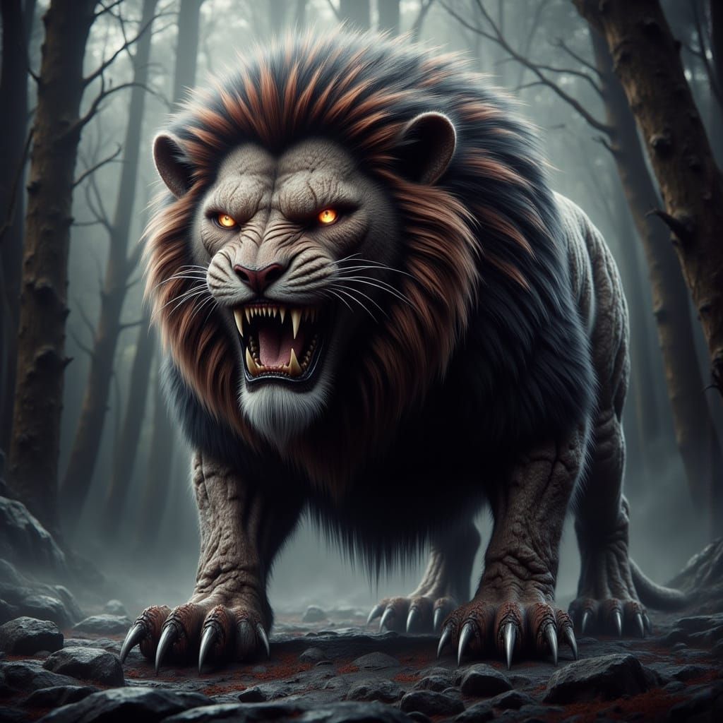 Photorealistic Manticore with Humanoid Face