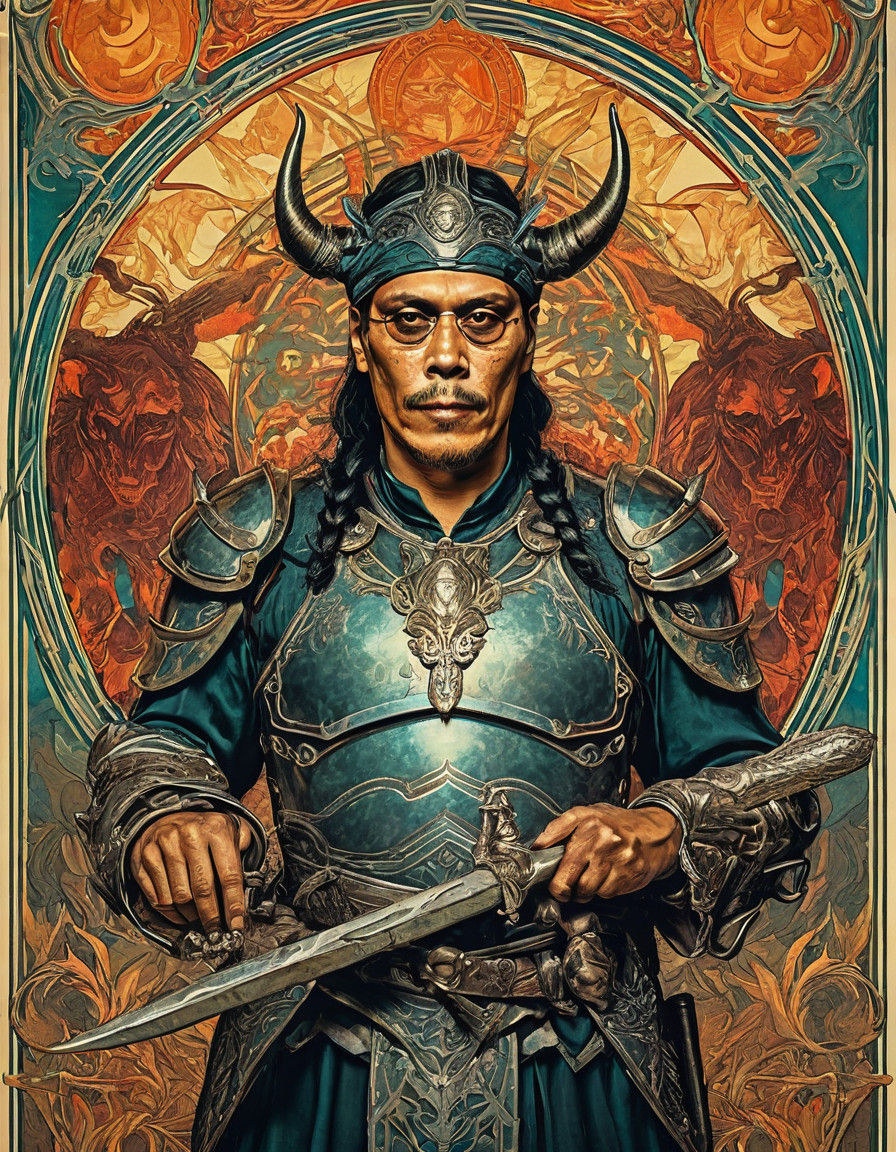 Stunning Art Nouveau Demon Holding Trident in Armor