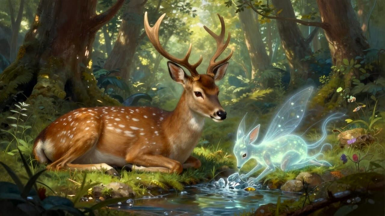 Serene Forest Clearing with Doe and Spirit