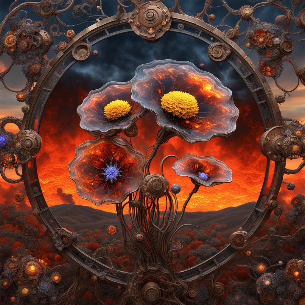 Steampunk Double Exposure Landscape with Glass Flowers