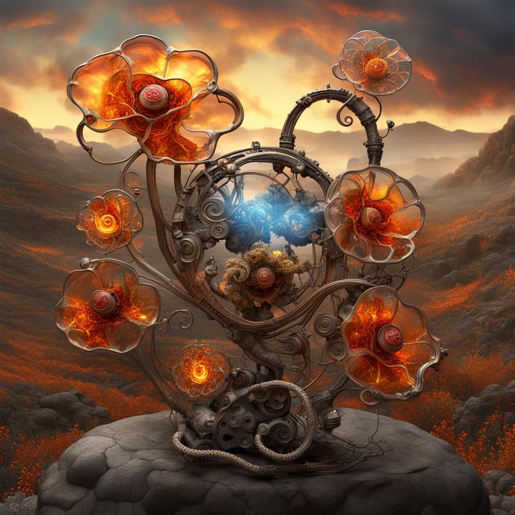Steampunk Lava Landscape with Glass Flowers in Klimt Style