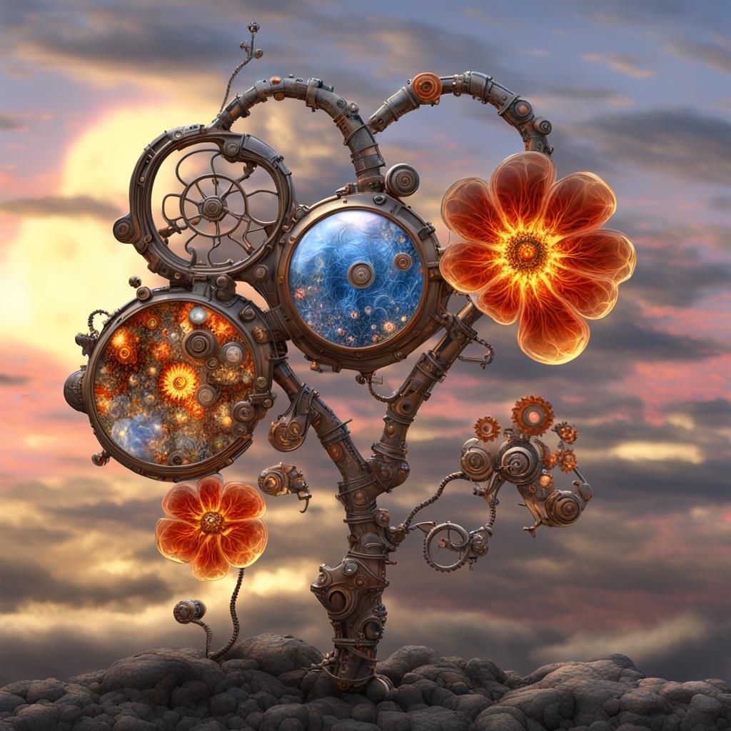 Steampunk Glass Flowers in Surreal Lava Landscape