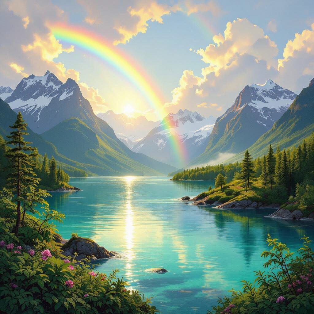 Pristine Natural Landscape with Rainbow at Golden Hour