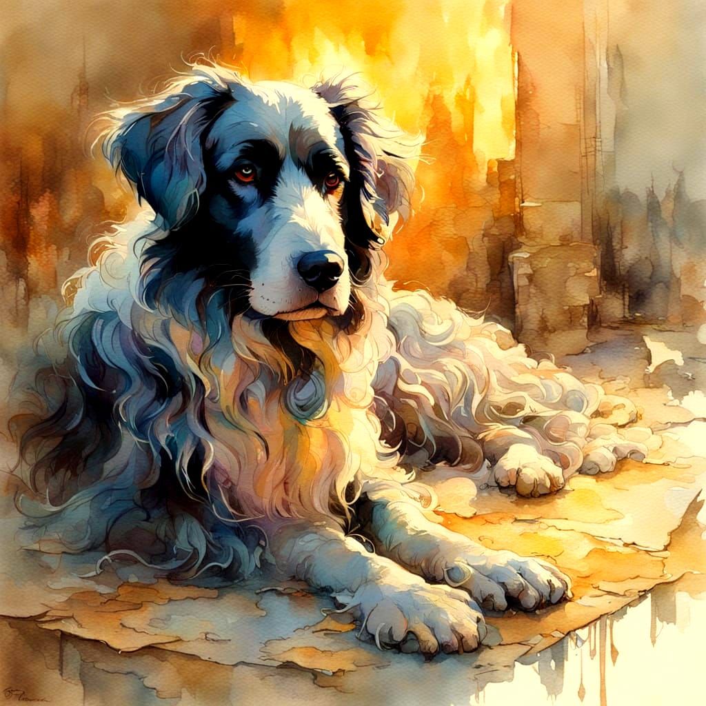 Dog in Greece with Golden Light as Watercolor