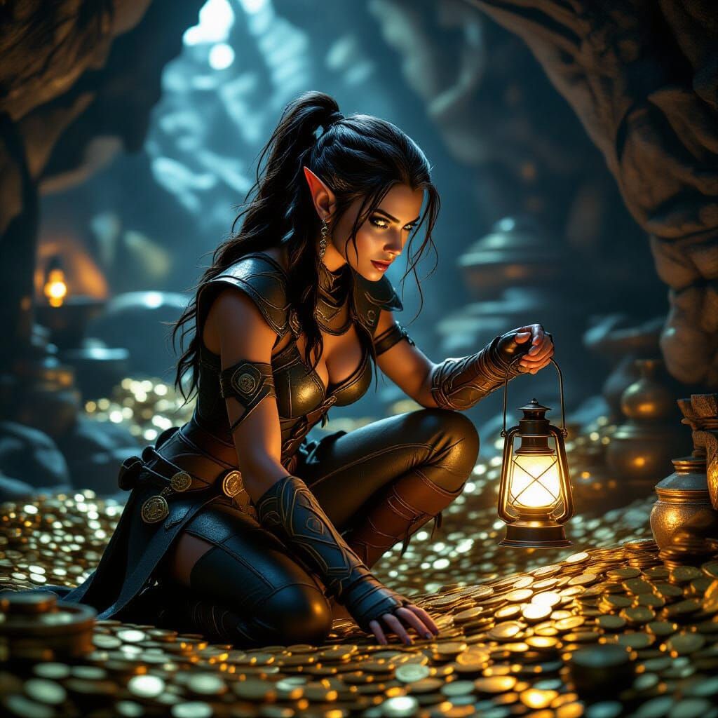 Elf Rogue Explores Treasure Room With Glowing Lantern