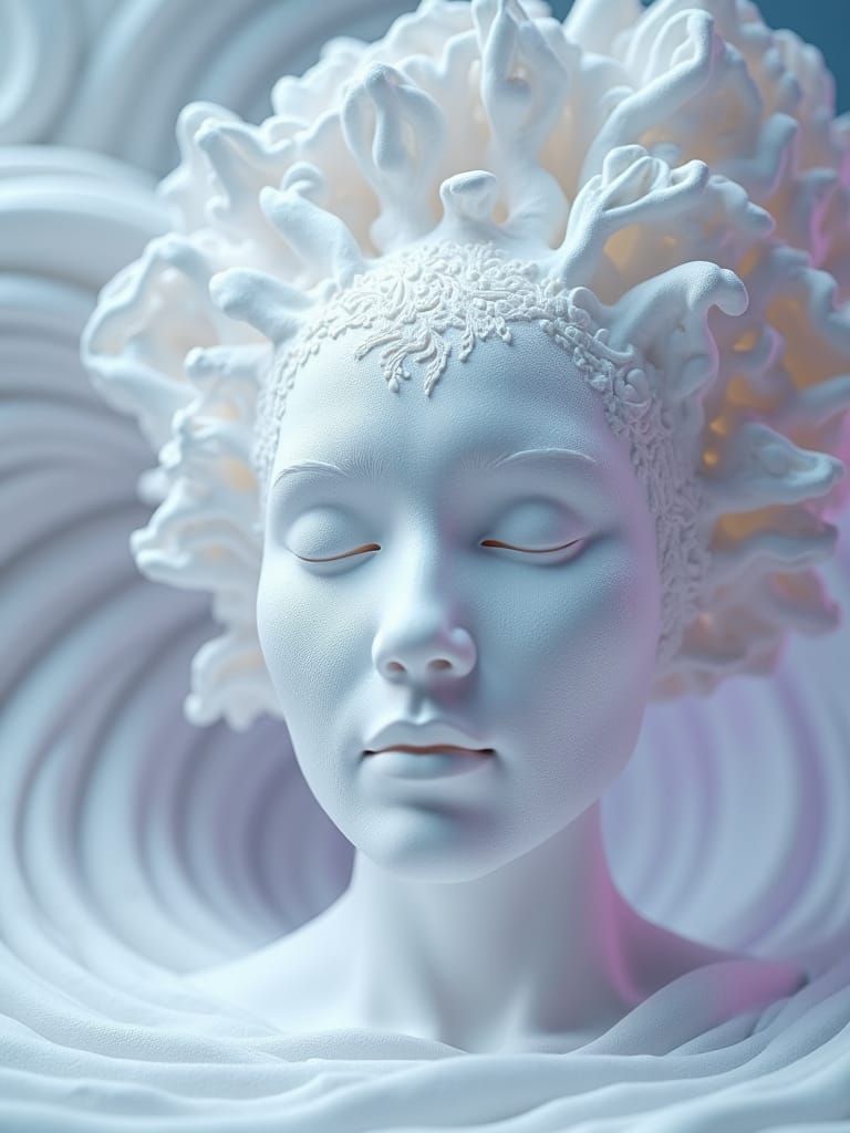 Translucent Ceramic Mask Against Fractal Background