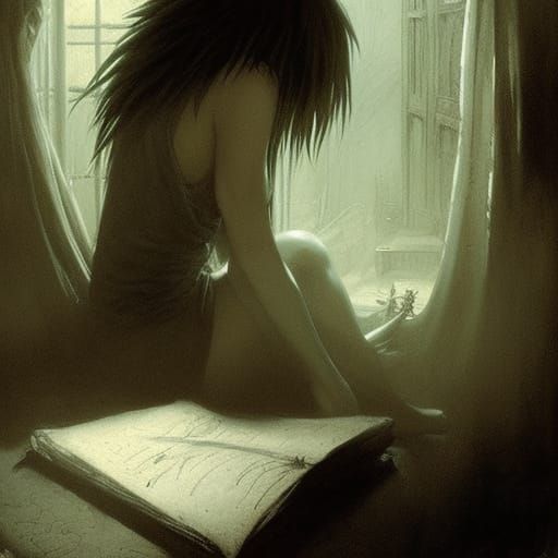 L from Death Note in Dark Engraving Style