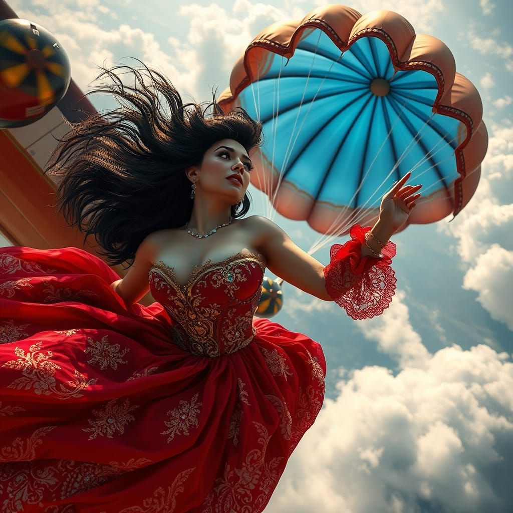 Falling into Whimsy: A Crimson Ballgown in Flight