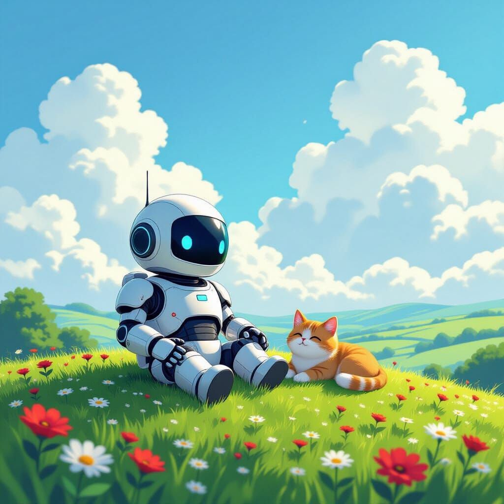 Adorable Robot and Cat on Green Hill in Comic Book Art