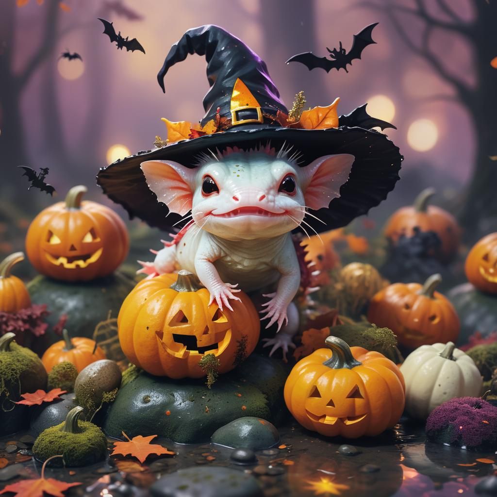 Halloween Axolotl in Forest, Fantasy Digital Art