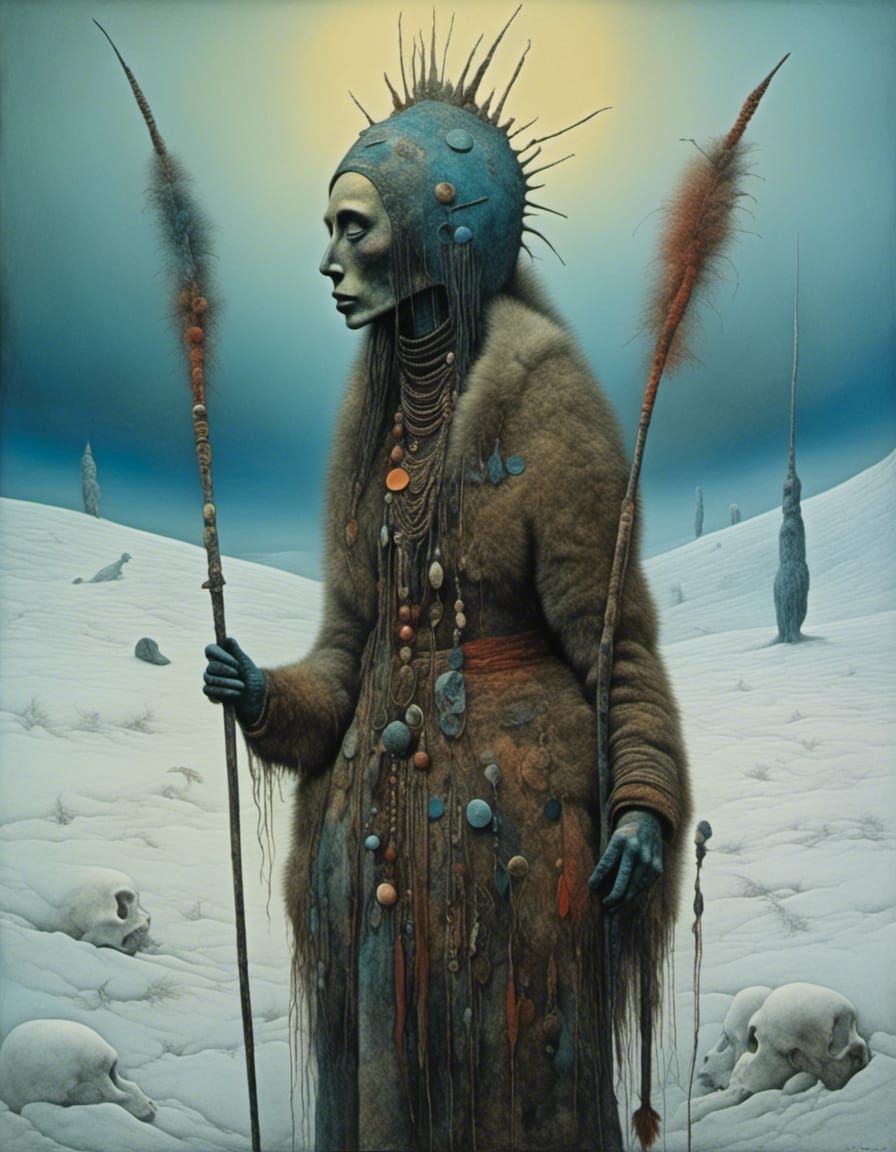 <lora:StrangeWorldShaman:1.0> A primitive human woman wearing seal-skin clothing stands in an icy landscape. She is hold...
