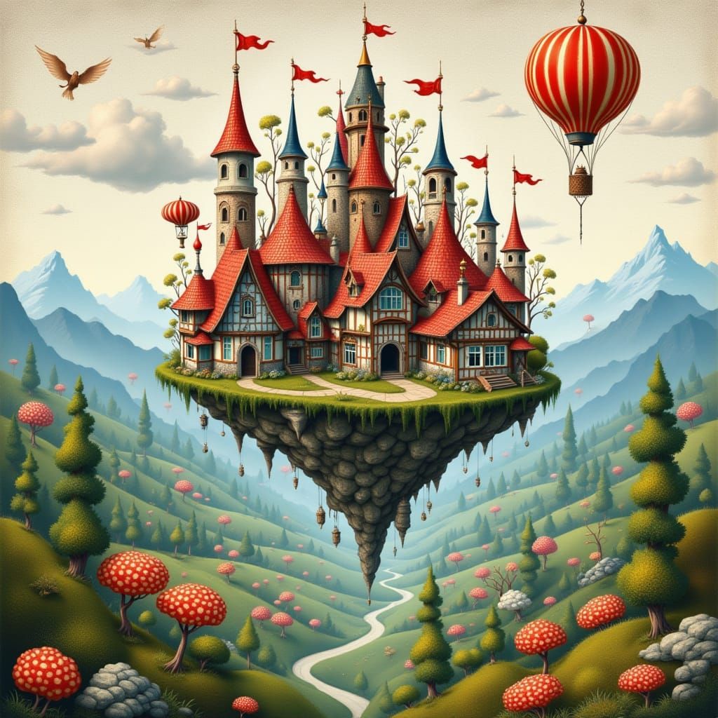 Floating Folk City in Dark Folk Art Style