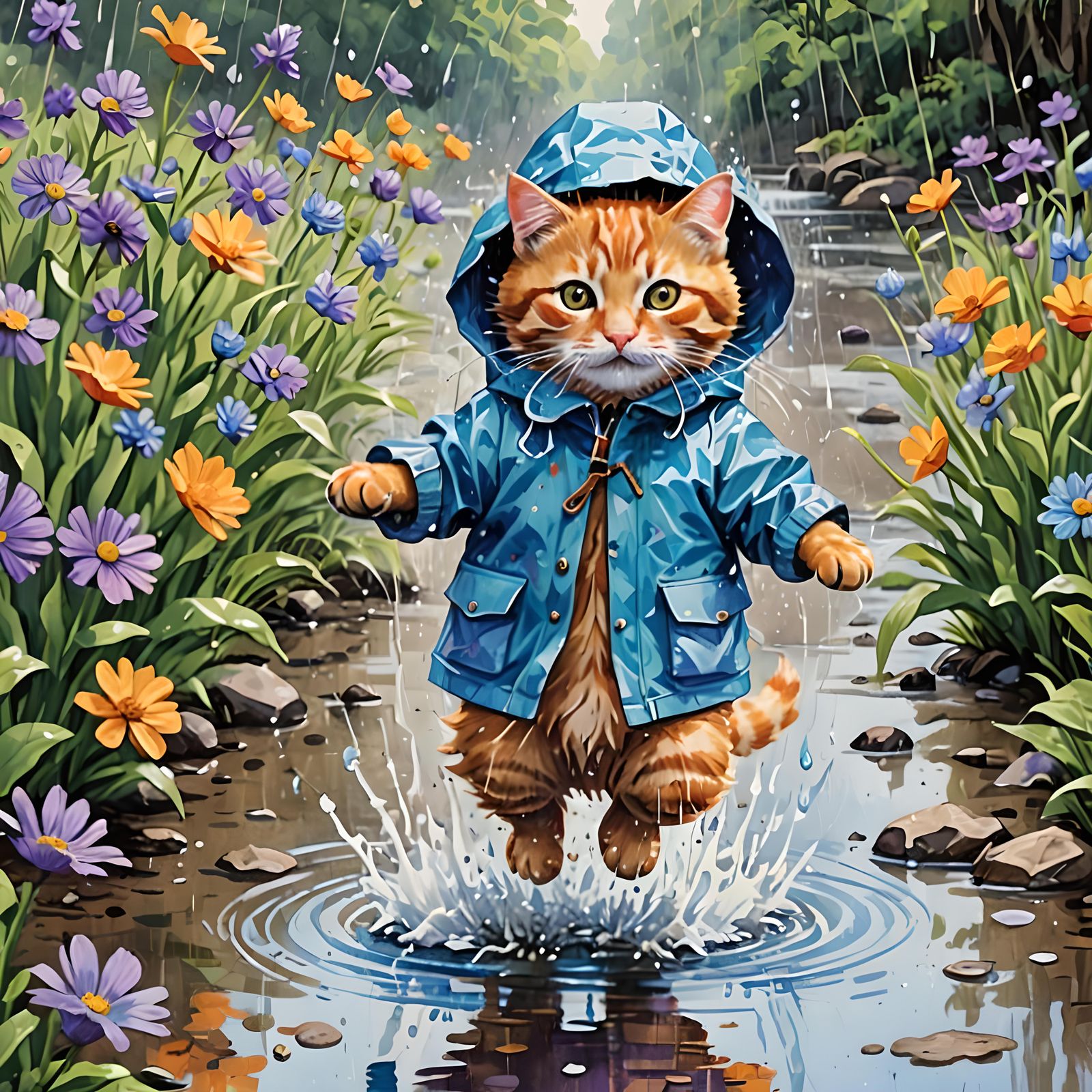 Tabby Cat's Rainy Day Adventure: Impressionist Gouache Paint...