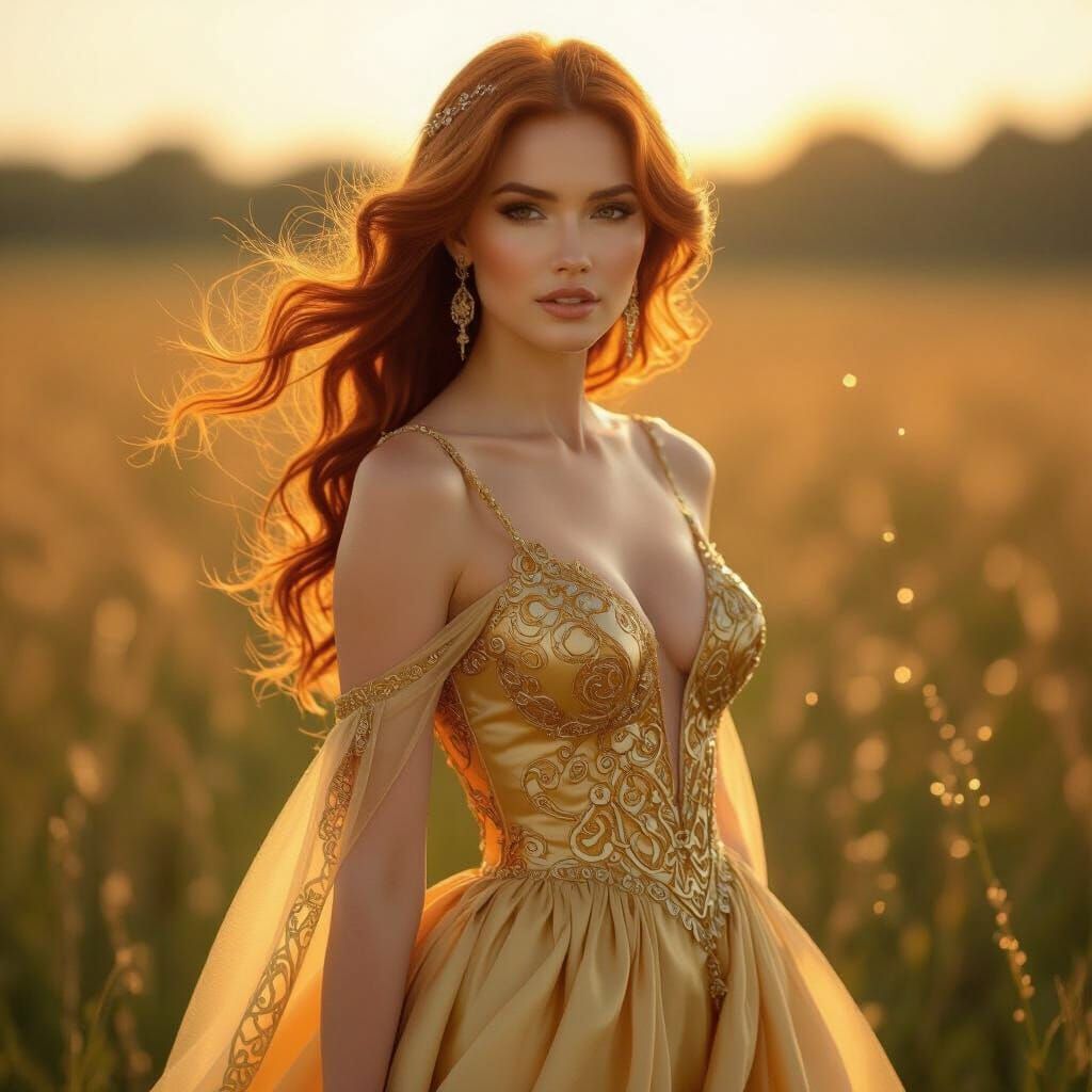 Woman in Gold Gown in Sunlit Meadow