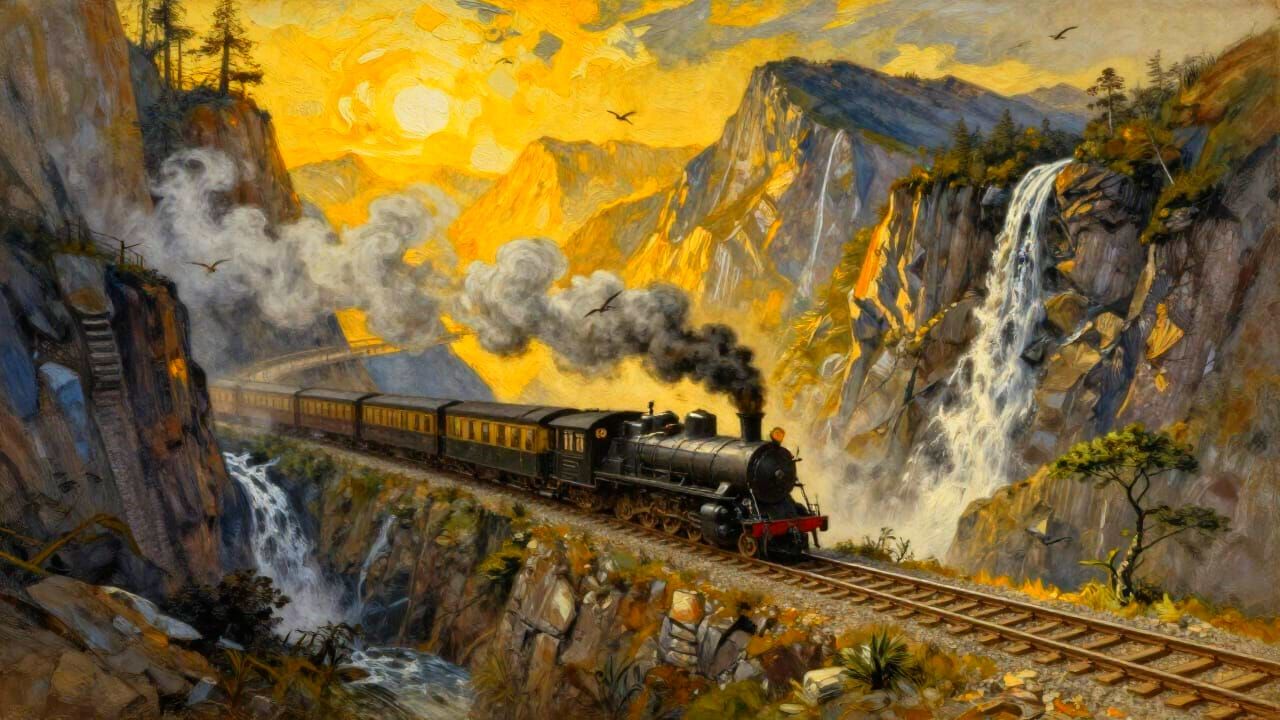 Steam Train on Cliffside Track in Golden Hour Light