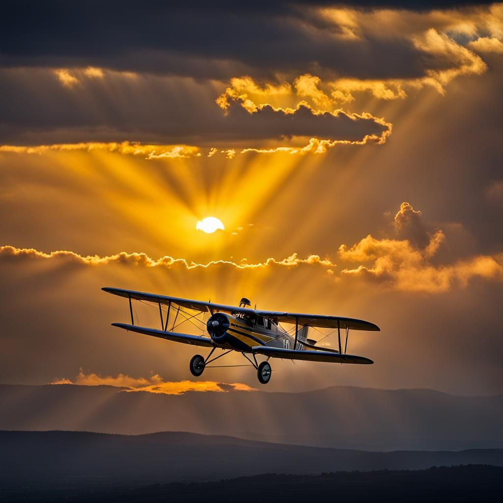 Biplane Silhouetted at Sunset in Painterly Style
