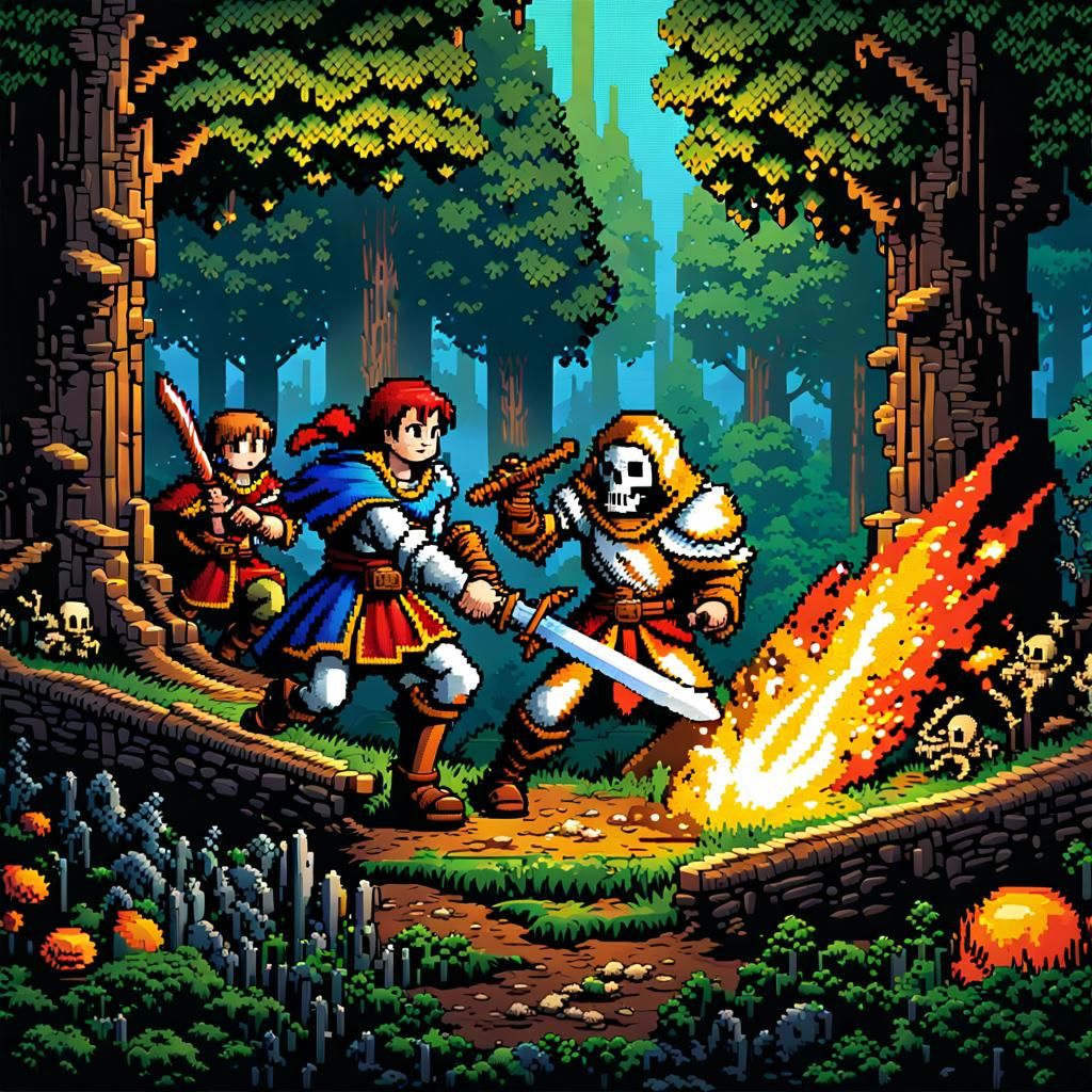 Pixelated Medieval Hero Battles Skeletons in Forest