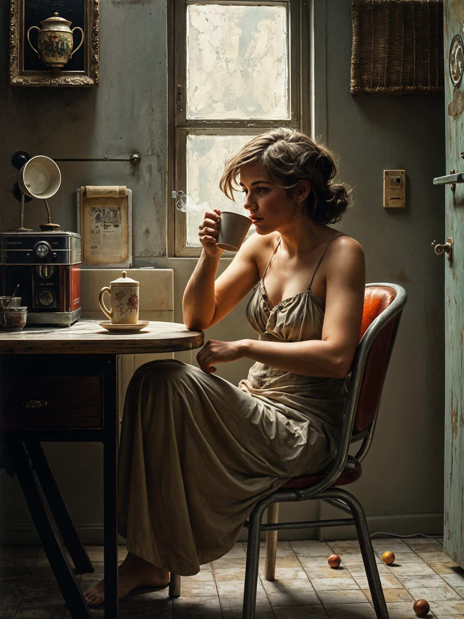 Rustic Oil Painting of a Tired Woman Smoking