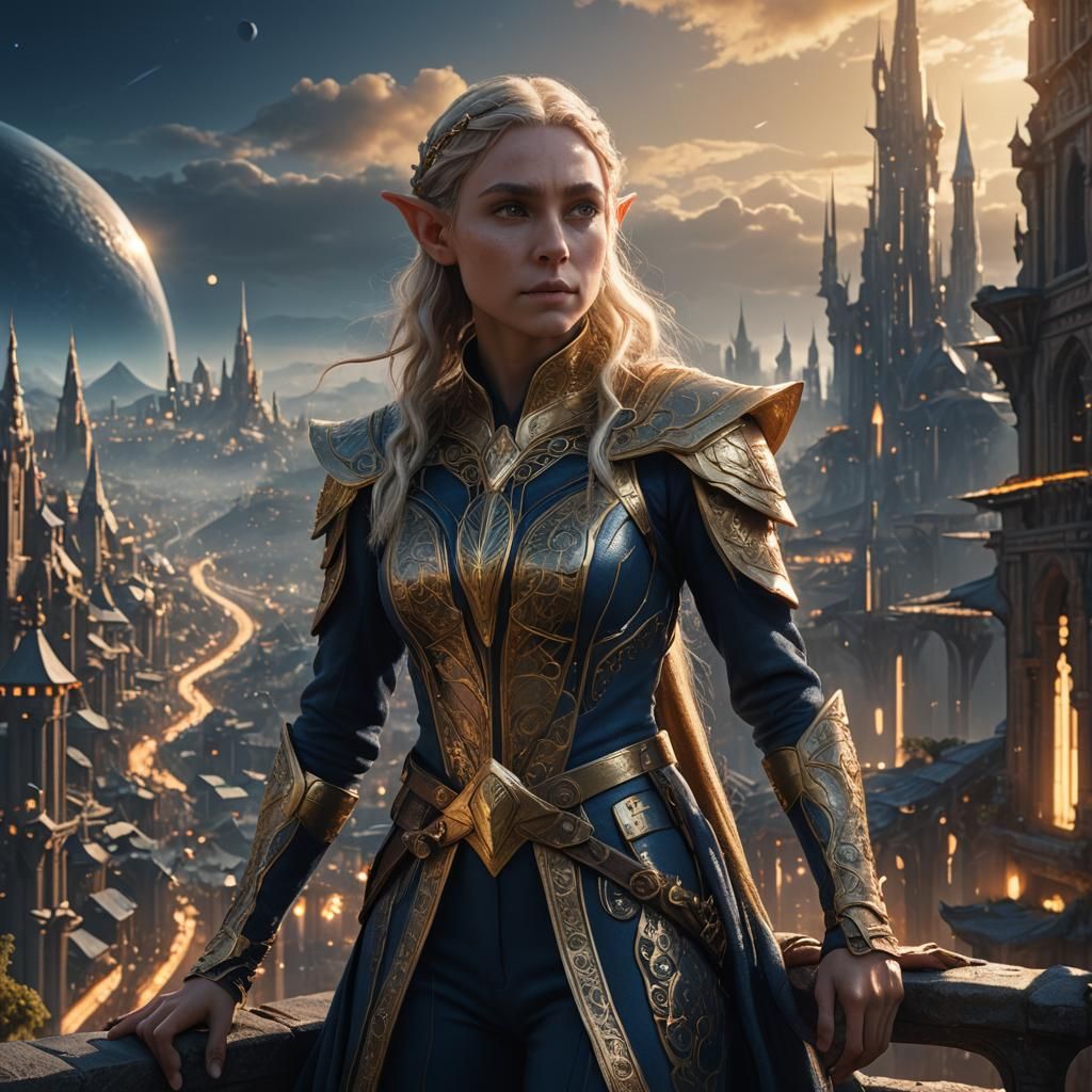 Elf Between Fantasy Realm and Futuristic City