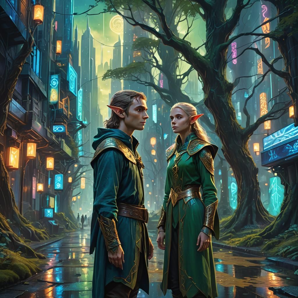 Elf Between Worlds: Fantasy and Futuristic Cityscape