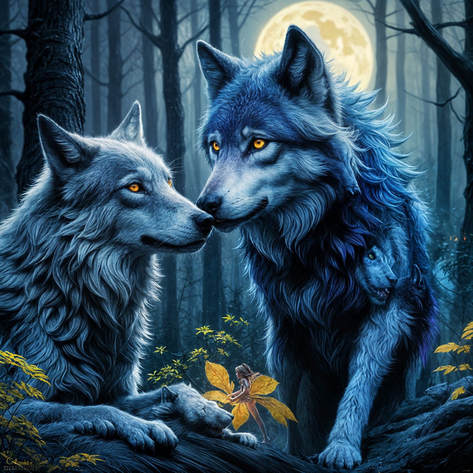 Fairy and Wolf in Dark Fantasy Style