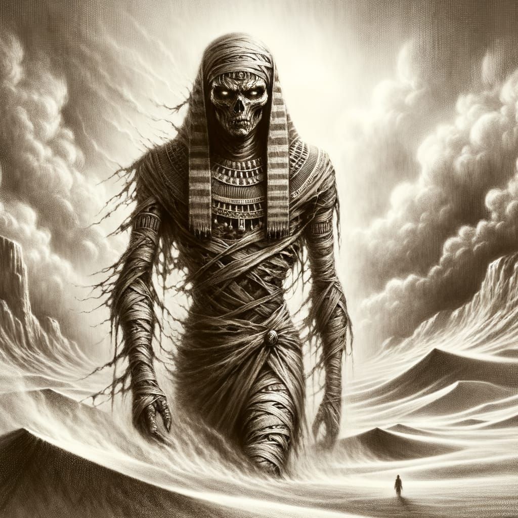 Ancient Mummy Pharaoh in Desert Sandstorm, Charcoal Drawing